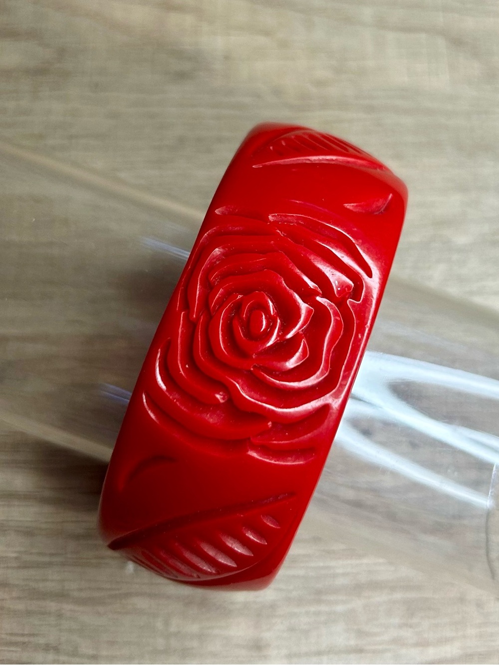 Red Bakelite Carved Rose Bangle Vintage Bracelet